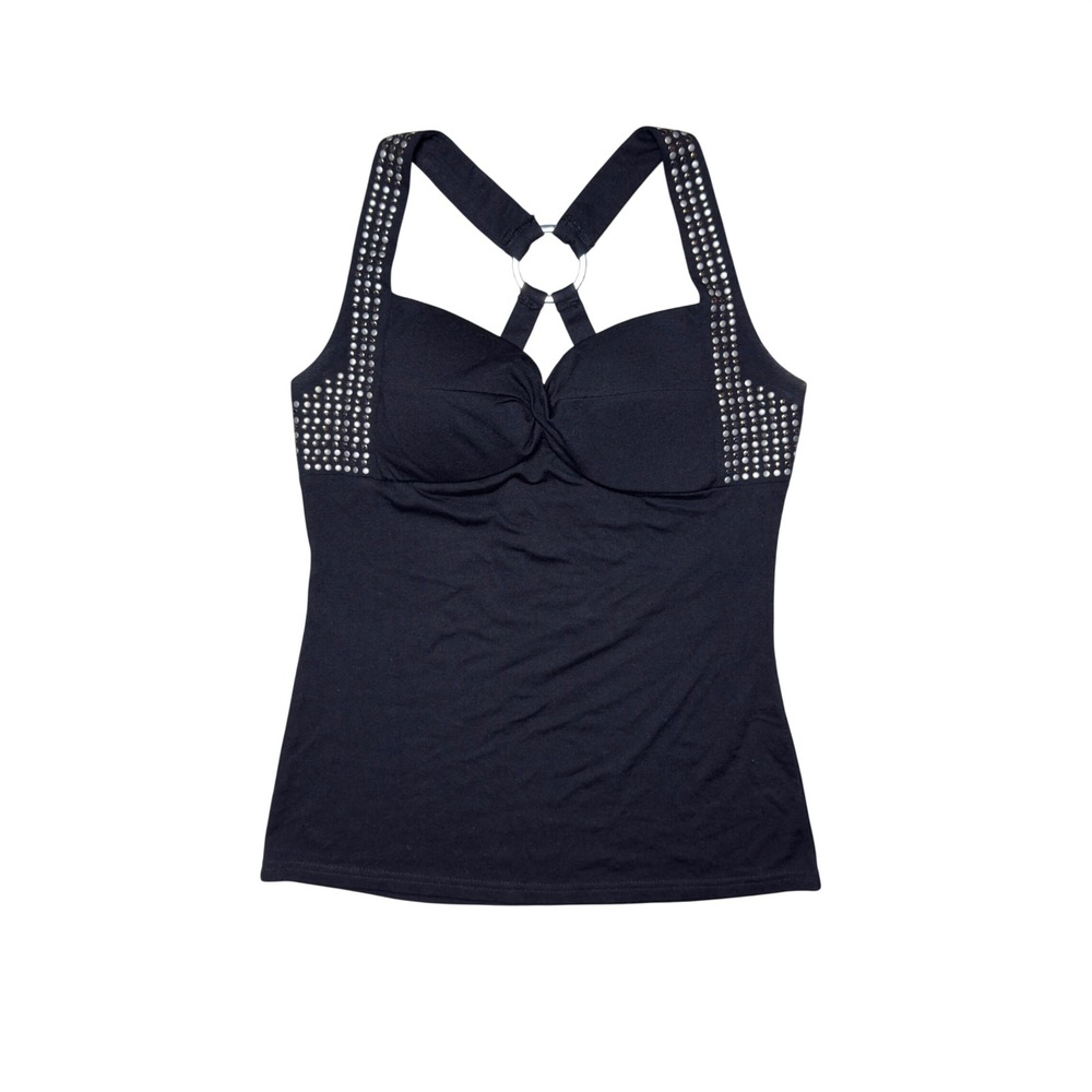 Dots Womens Black Studded O-Ring Racerback Tank Top